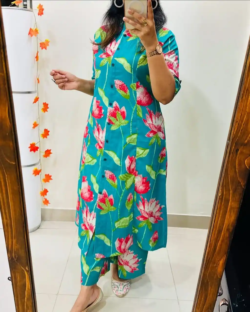 Leaf Green All-Over Floral Lotus Print Women’s Printed Kurta Pant Set .png